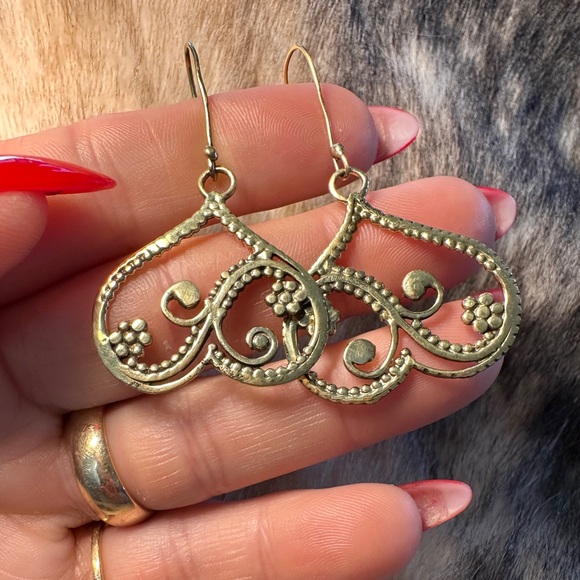 Solid Brass Balinesian Flourish Drop Dangle Earrings - Picture 3 of 4